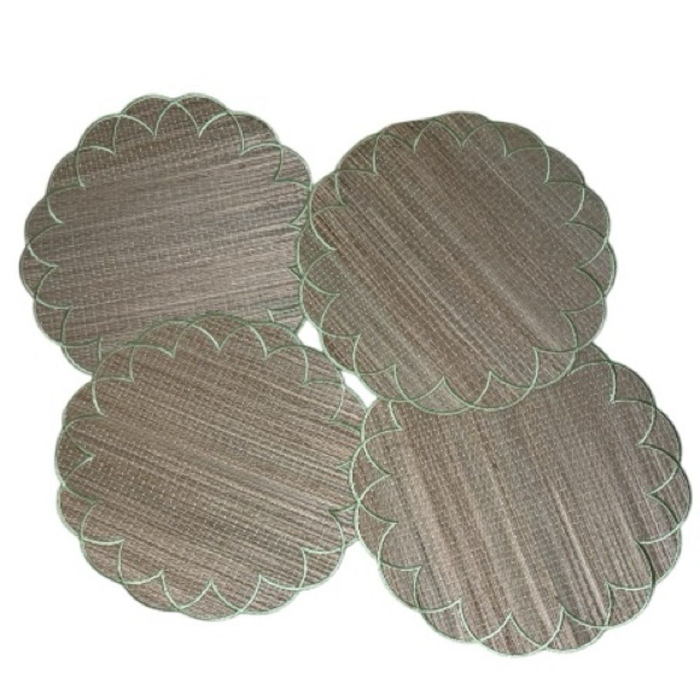 Iza Silva Set of Four Embroidered Raffia Placemats with Green Trim.